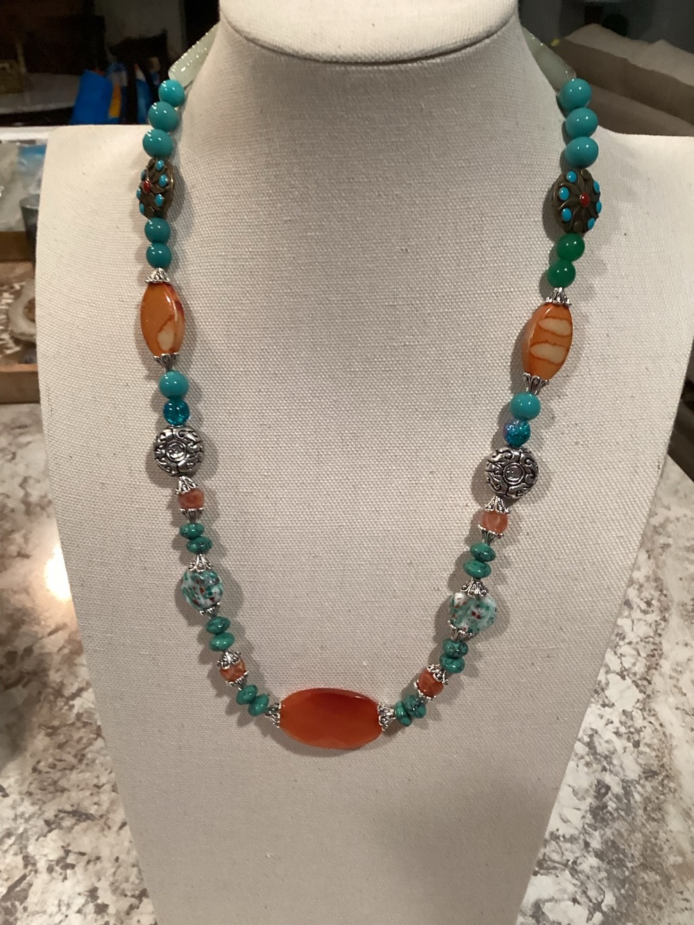 Artisan Crafted Bohemian Multicolor Beaded Necklace Carnelian Stone Accent - Picture 2 of 6